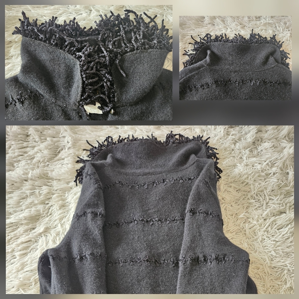 VINTAGE Fendi Cardigan Sweater Appliqué Stitched Fringe Collar Black Womens 42 8 - Picture 11 of 14